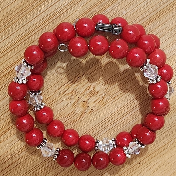 Hand Crafted Wrap Bracelet Bright Red Clear Crystals Black Pave Cross Coil - Picture 1 of 10